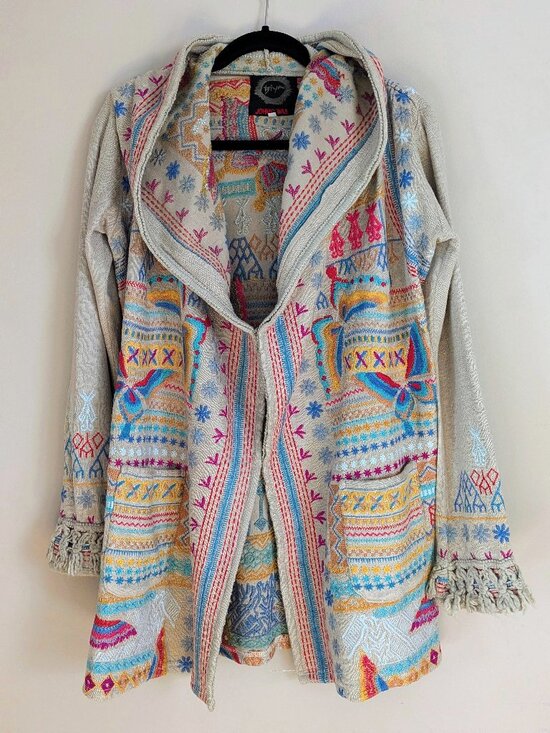 Johnny Was Sweaters - JOHNNY WAS BIYA Women's Embroidered Hooded Duster Cardigan Butterfly Beige Sz XS